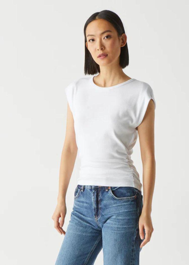 Michael Stars Joni Crew Neck Power Shoulder Top - White-Hand In Pocket