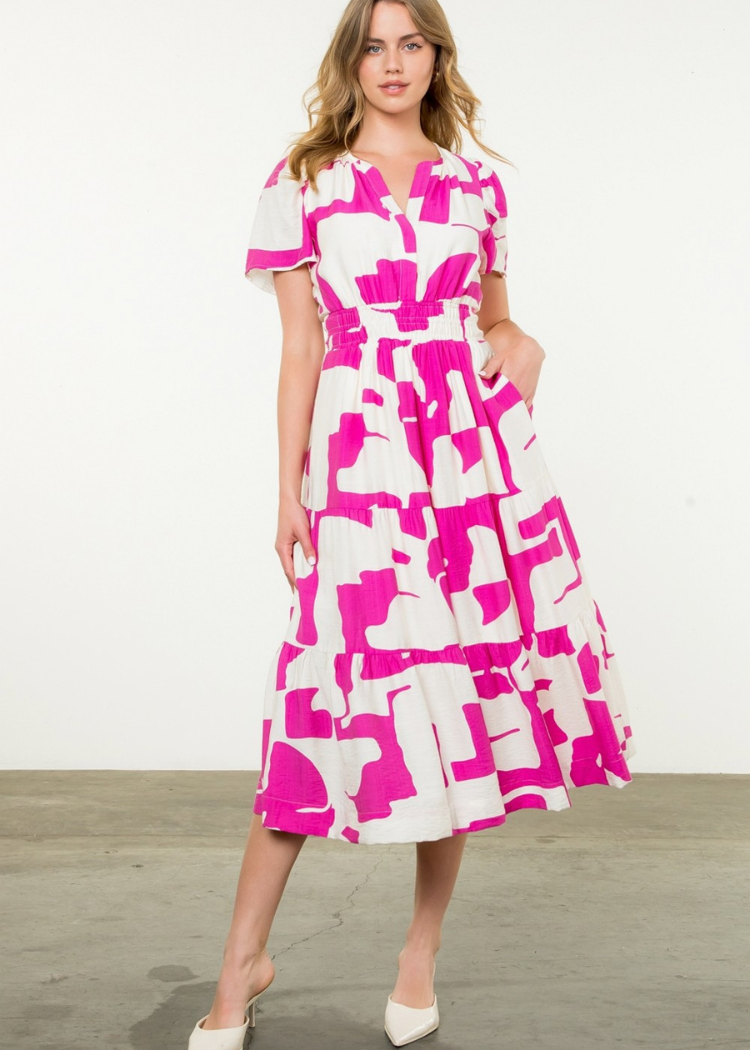 THML Stacey Printed Tiered Dress- Pink-Hand In Pocket