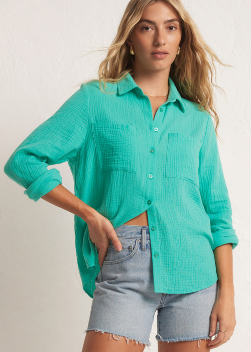 Z Supply Kaili Button Up Gauze Top- Cabana Green ***FINAL SALE***-Hand In Pocket