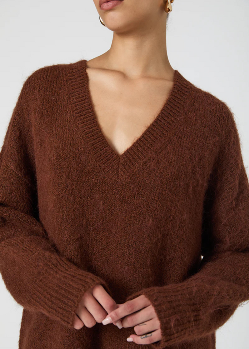 French Connection Fluffy Knit Jumper- Chocolate-Hand In Pocket