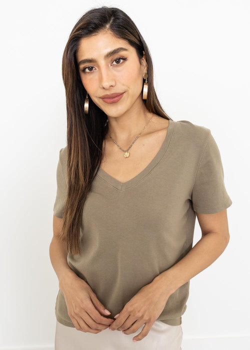 Michael Stars Dylan V-Neck Tee - Olive-Hand In Pocket