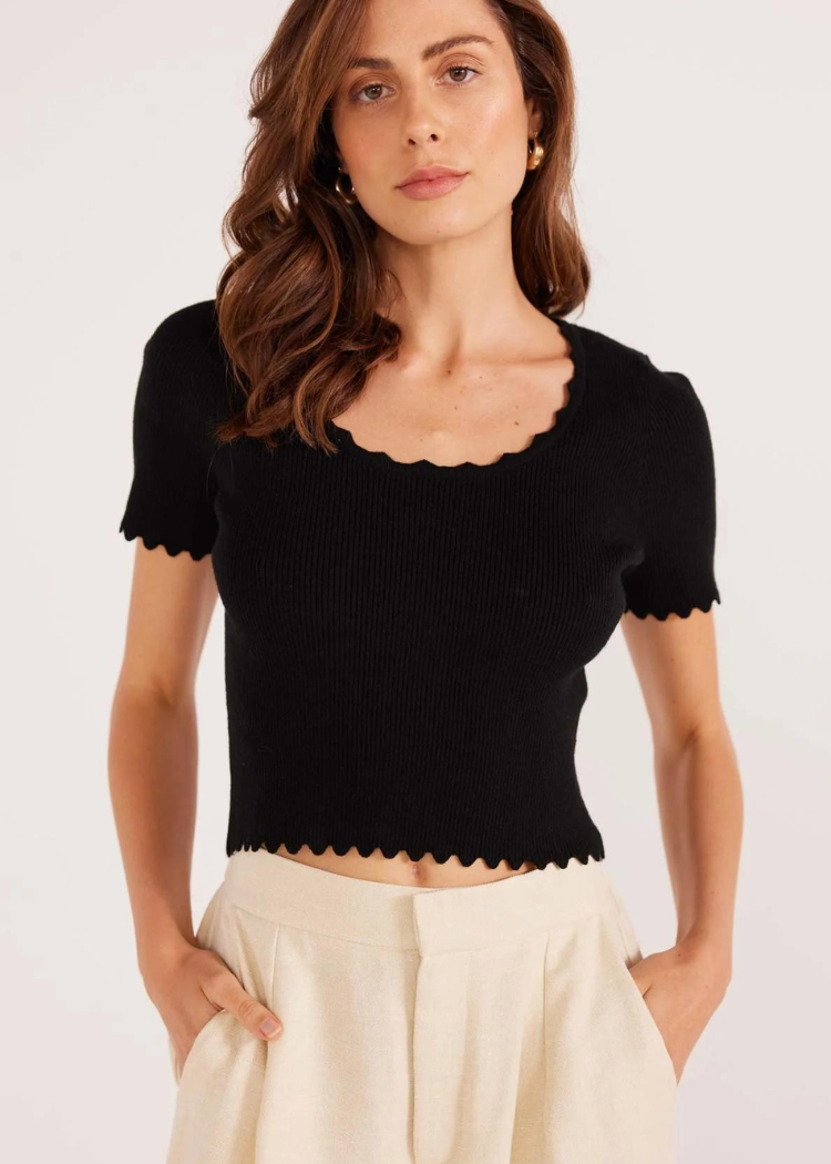 MINKPINK Laura Scallop Knit Tee- Black-Hand In Pocket