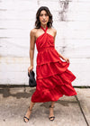 Adelyn Rae Eleanor Halter Tiered Midi Dress- Crimson Red-Hand In Pocket