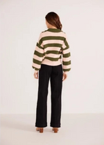 MINKPINK Darcy 1/4 Zip Knit Jumper- Khaki Stripe-Hand In Pocket