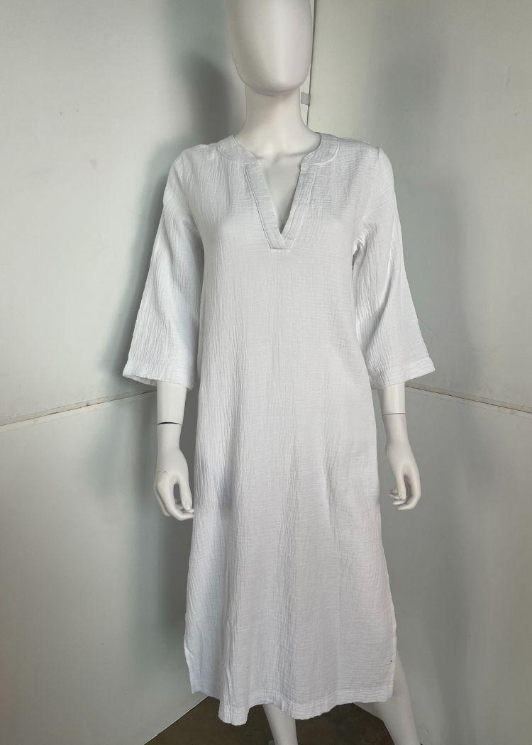 Bobi Raw Edge 3/4 SLV Midi Caftan- White ***FINAL SALE***-Hand In Pocket