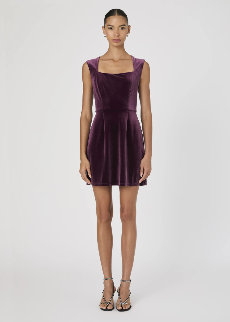 French Connection Square Neck Velvet Dress- Burgandy-Hand In Pocket