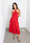 Adelyn Rae Eleanor Halter Tiered Midi Dress- Crimson Red-Hand In Pocket