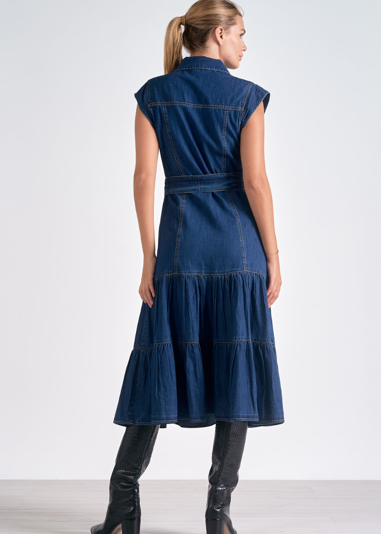 Elan Josephine Midi Cap Sleeve Dress- Blue-Hand In Pocket