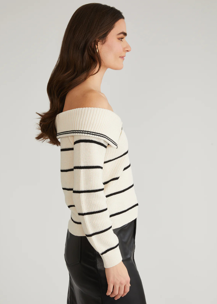 525 Sierra Off Shoulder Stripped Pullover- Sea Salt Multi-Hand In Pocket