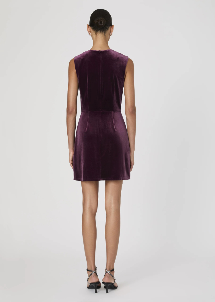 French Connection Square Neck Velvet Dress- Burgandy-Hand In Pocket