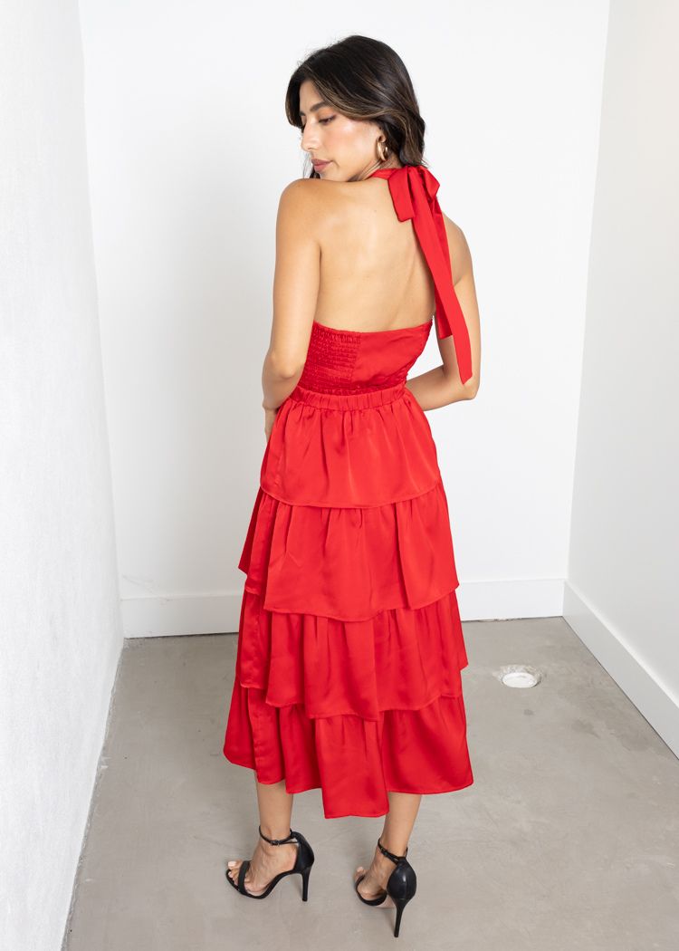 Adelyn Rae Eleanor Halter Tiered Midi Dress- Crimson Red-Hand In Pocket