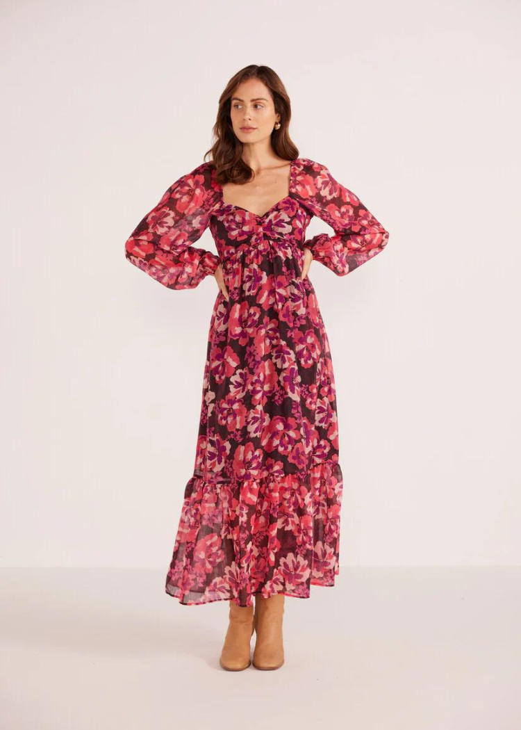 MINKPINK Savannah Babydoll Midi Dress- Painterly Blooms-Hand In Pocket