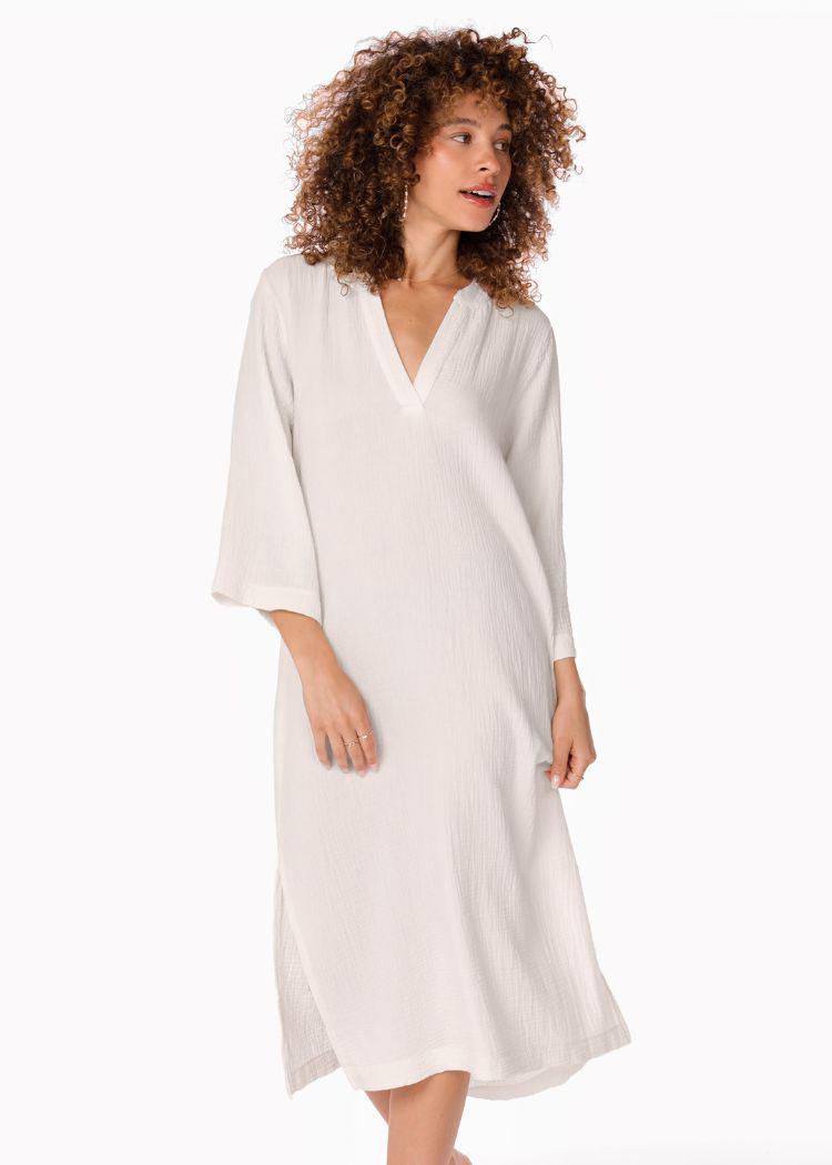 Bobi Raw Edge 3/4 SLV Midi Caftan- White ***FINAL SALE***-Hand In Pocket