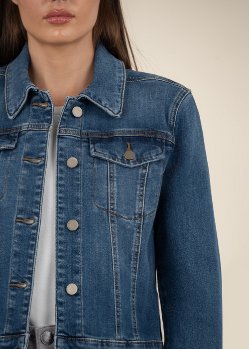 KUT Julia Crop Denim Jacket-Main w/DK Stone-Hand In Pocket