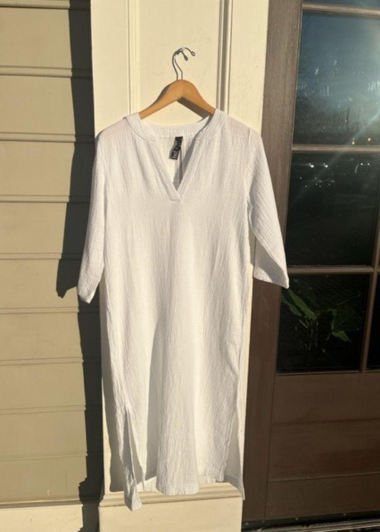 Bobi Raw Edge 3/4 SLV Midi Caftan- White ***FINAL SALE***-Hand In Pocket