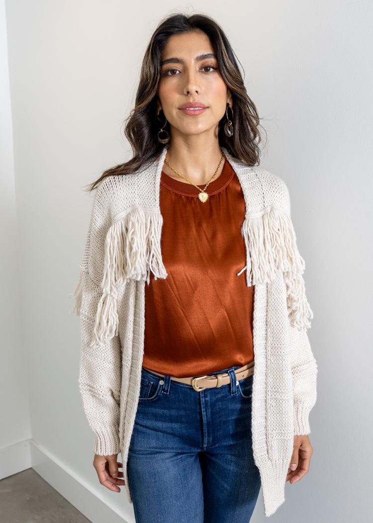 Astrid Deacon Fringe Cardigan- Oatmeal ***FINAL SALE***-Hand In Pocket