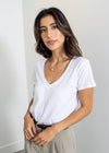 Bobi Basic V-Neck Tee- White-Hand In Pocket