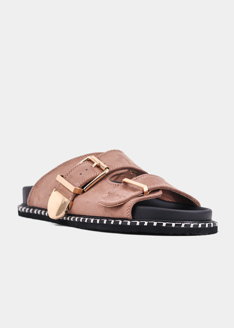 Shu Shop Charlotte Sandal- Taupe-Hand In Pocket