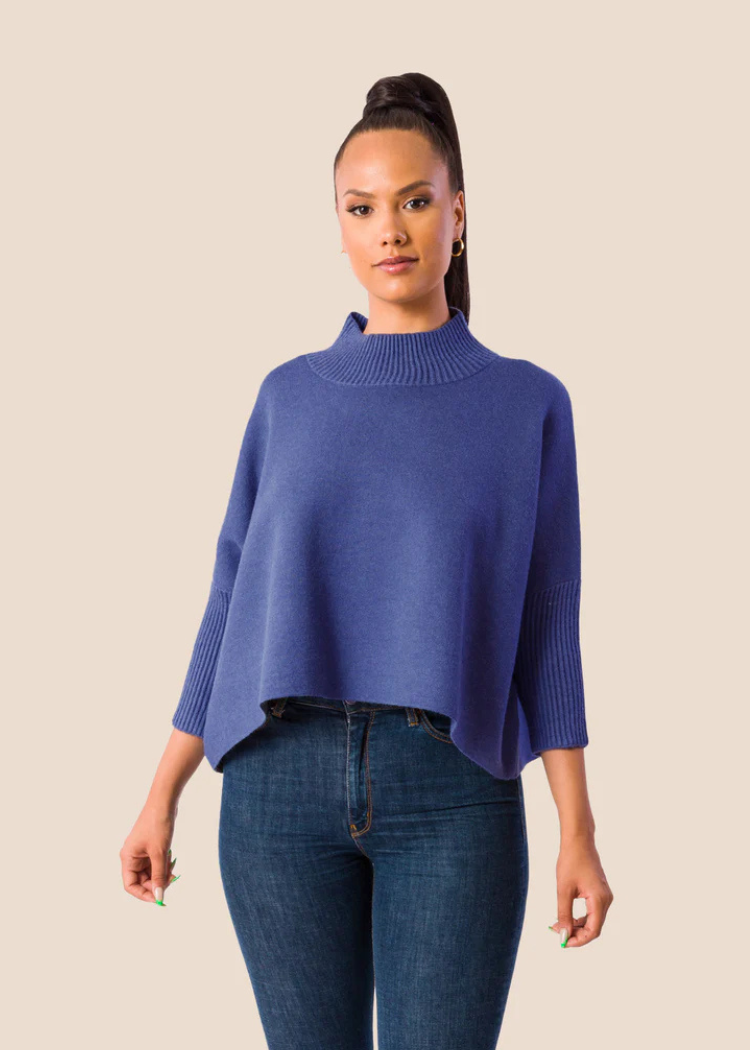 Aja Sweater- Blue Melange-Hand In Pocket