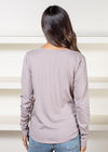 Bobi Essential Long Sleeve V Neck Curved Hem Tee- Lead-Hand In Pocket