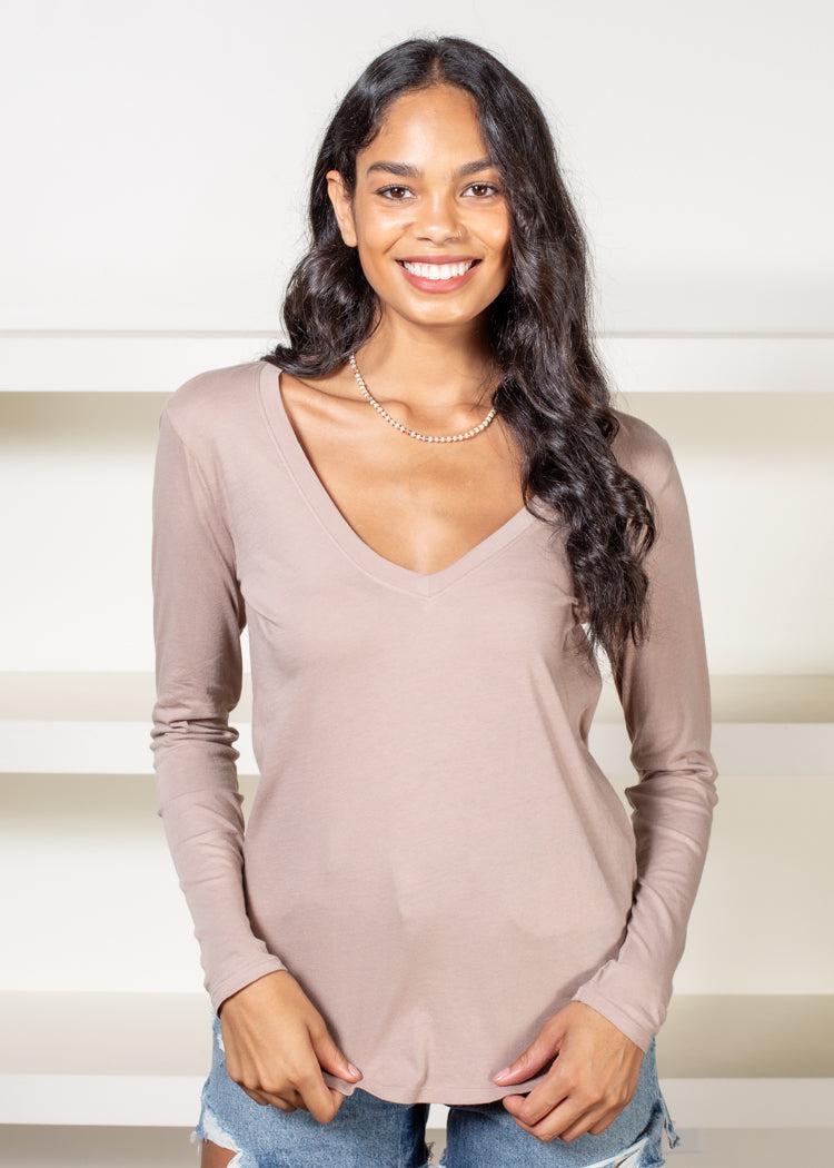 Bobi Essential Long Sleeve V Neck Curved Hem Tee-Taupe-Hand In Pocket