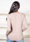 Bobi Essential Long Sleeve V Neck Curved Hem Tee-Taupe-Hand In Pocket