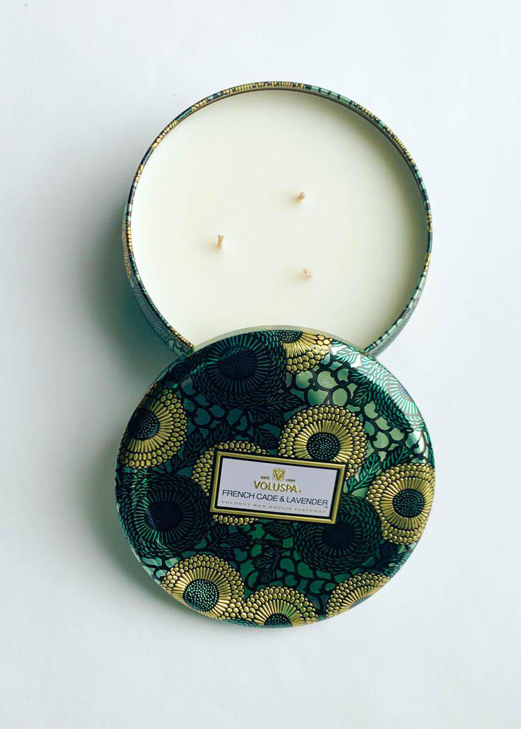 Voluspa 3 Wick Tin Candle - French Cade & Lavender-Hand In Pocket